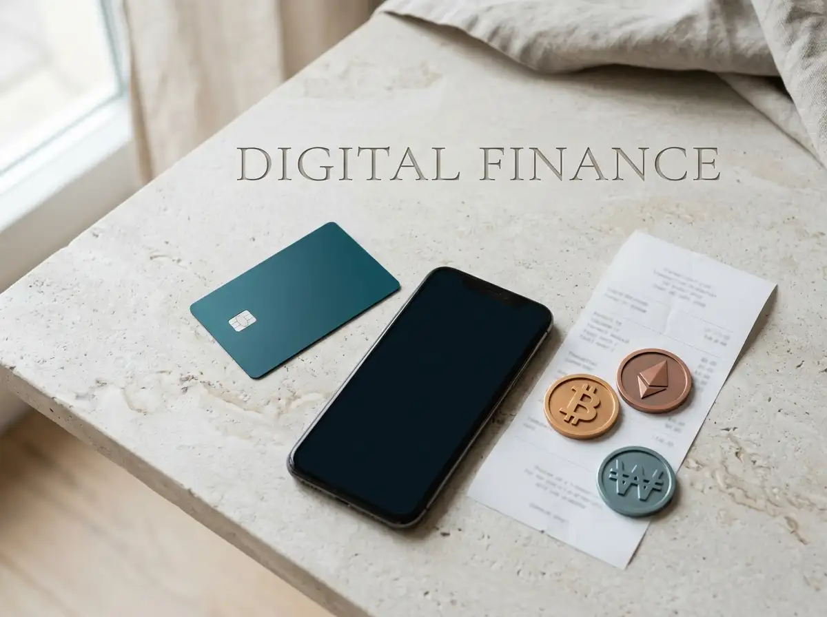 Unbranded payment card and smartphone beside abstract digital currency tokens