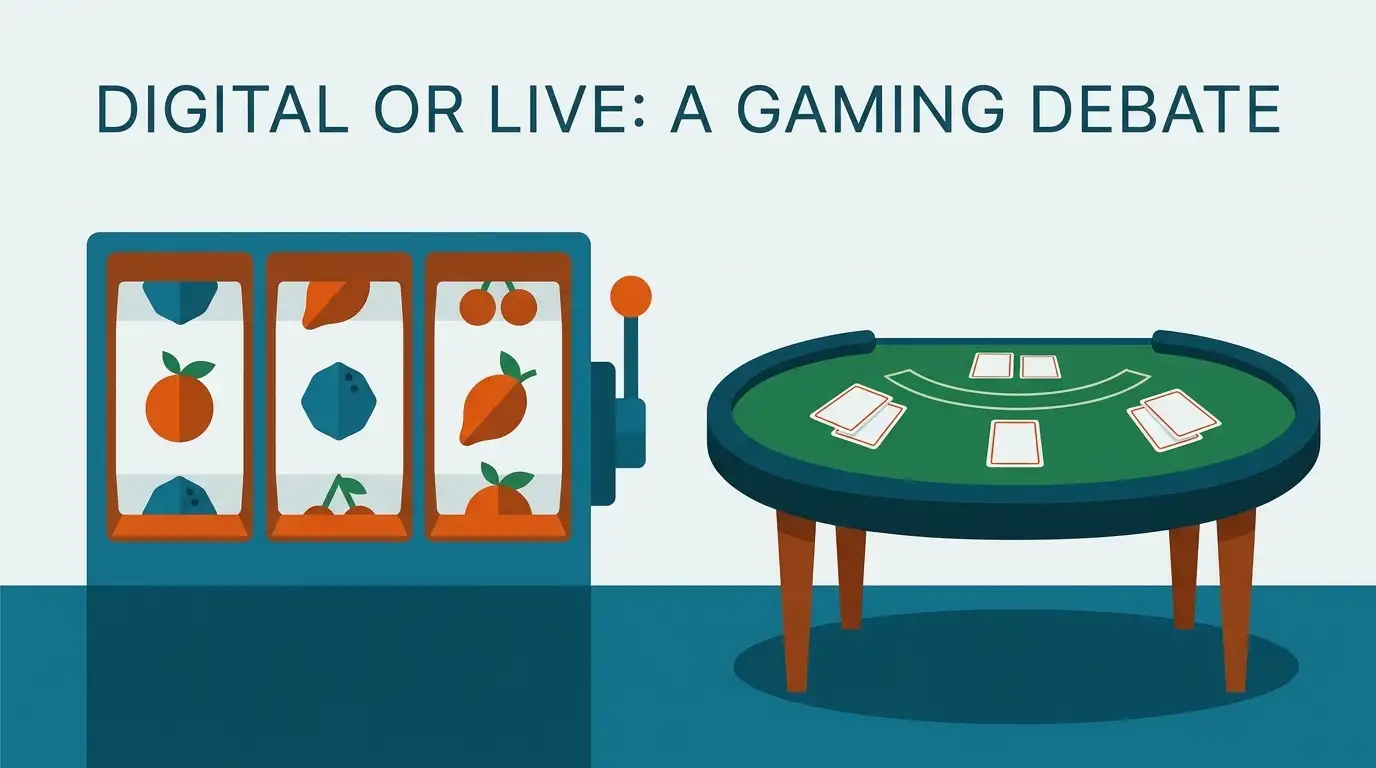 Abstract slot reels beside a green live-dealer table and unbranded playing cards