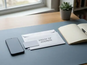 Phone beside a blank identity document, a notebook and a closed envelope on a desk.