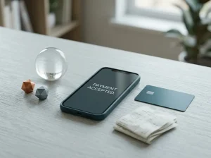 Unbranded payment card, blank smartphone and small abstract digital tokens on a desk