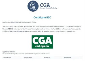 Curaçao Gaming Authority certificate page with licence holder and approved domains