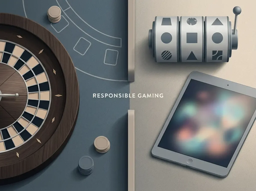 Roulette wheel, blackjack table, geometric slot reels and an unmarked tablet