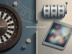 Roulette wheel, blackjack table, geometric slot reels and an unmarked tablet