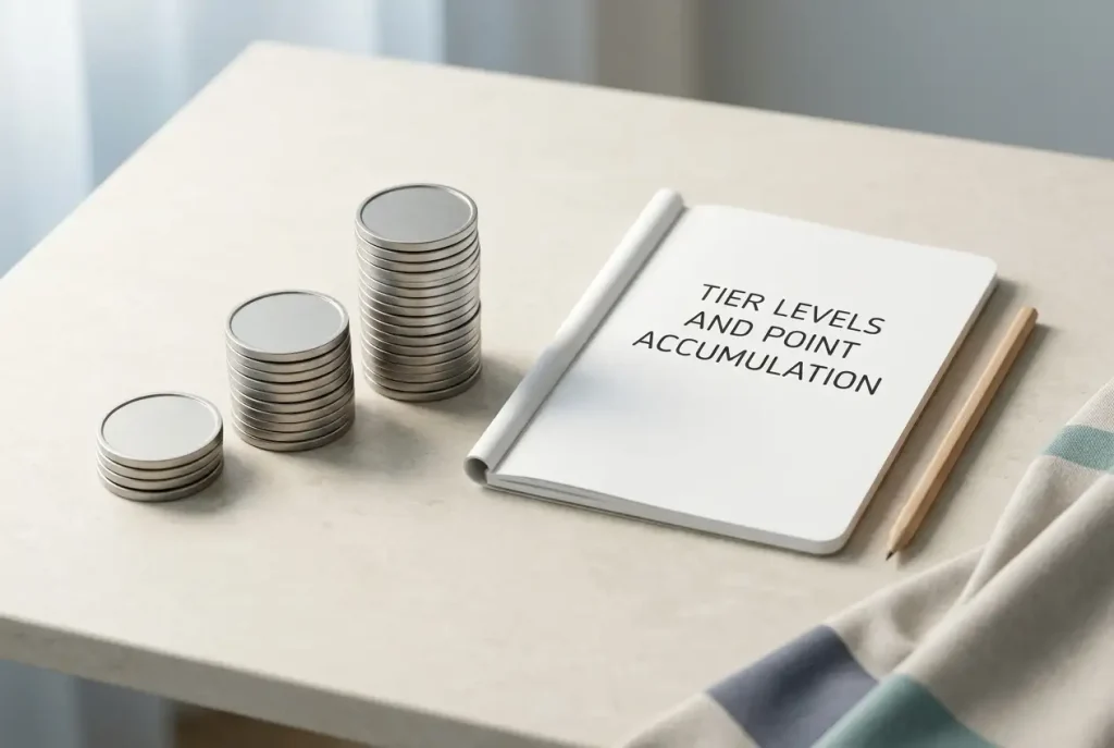 Neatly arranged tiers of unmarked metal tokens on a neutral tabletop beside a blank notebook.