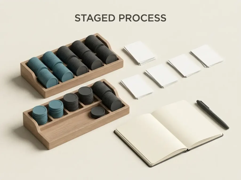 Two stepped trays of blank tokens beside grouped blank cards and an empty notebook